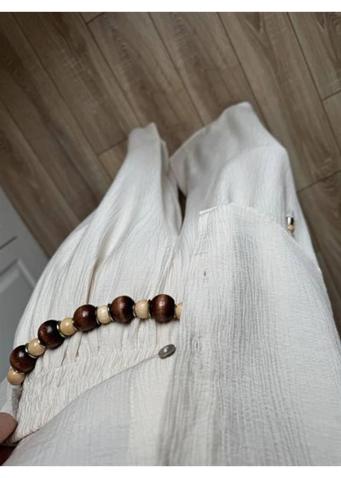 Bohem Kemerli Krinkıl Krem Oversize Takım