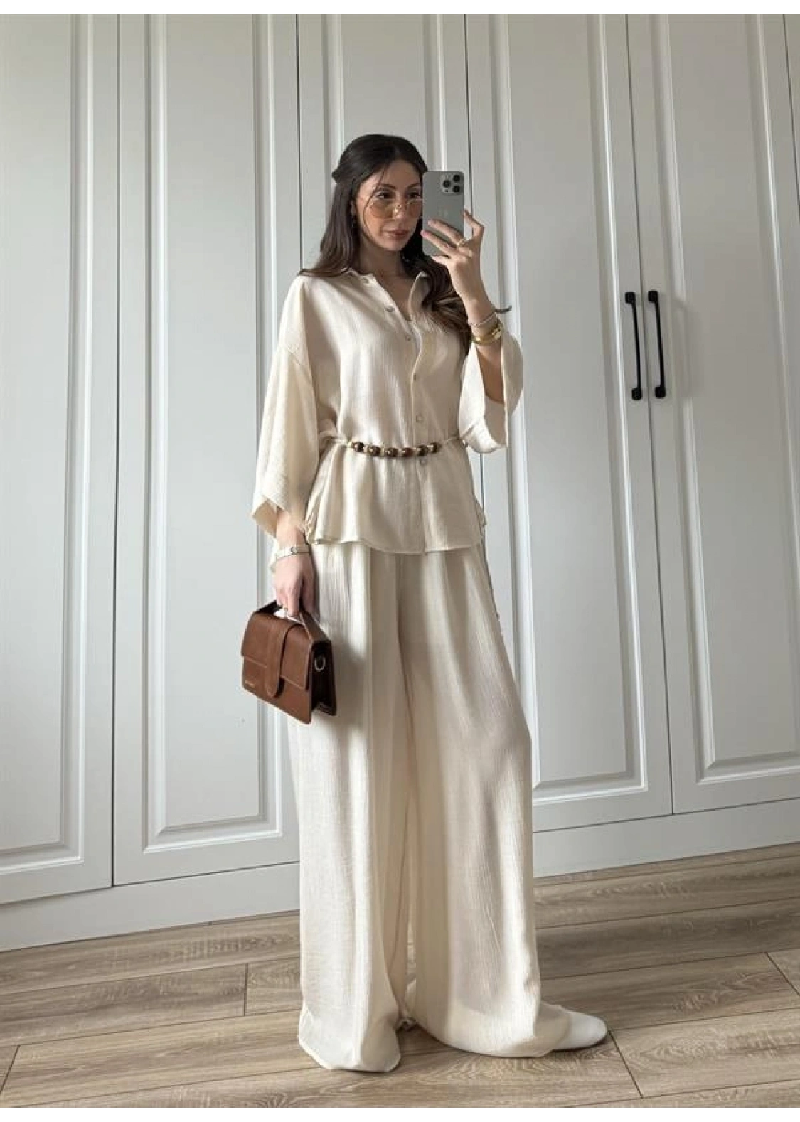 Bohem Kemerli Krinkıl Krem Oversize Takım