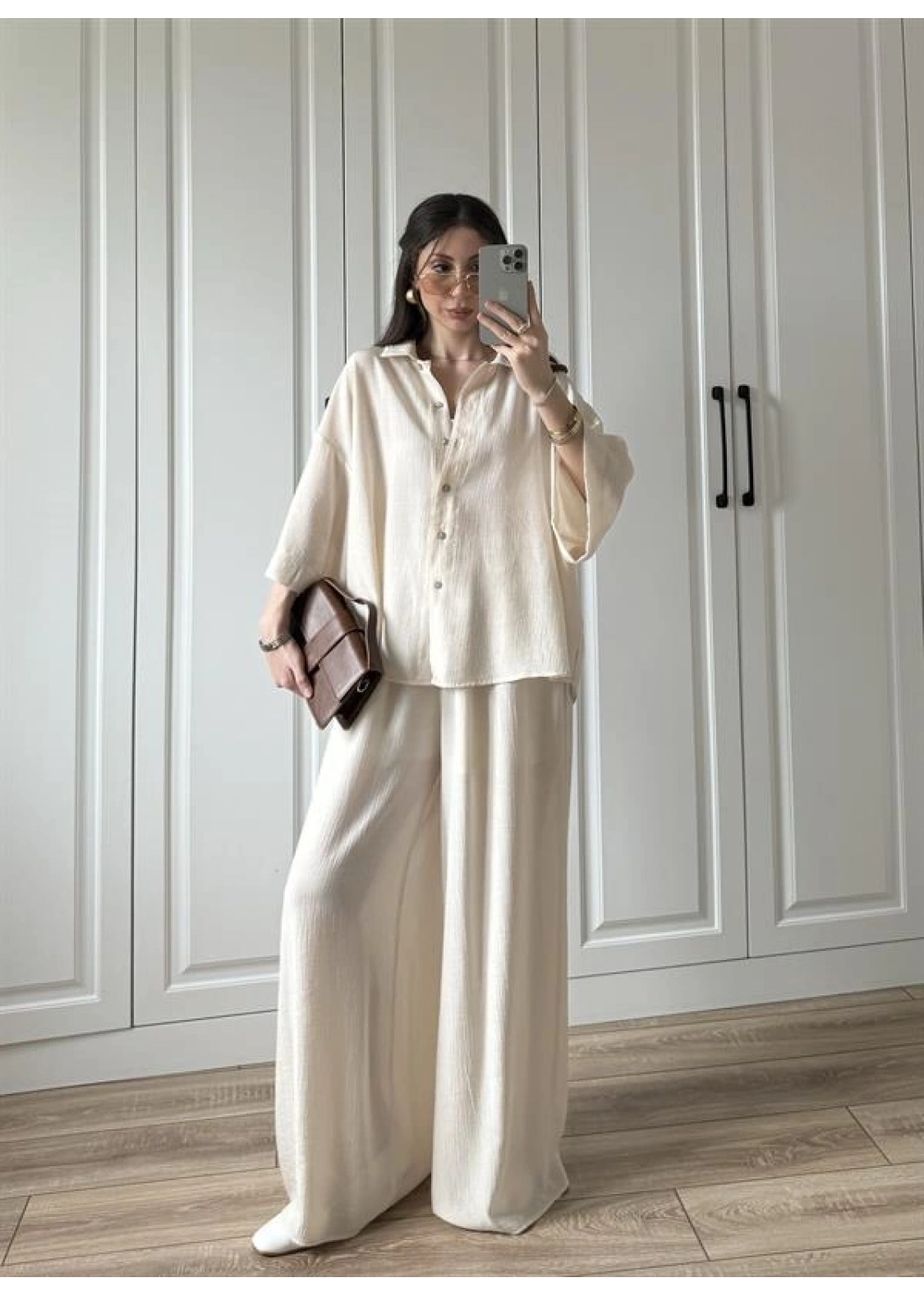 Bohem Kemerli Krinkıl Krem Oversize Takım