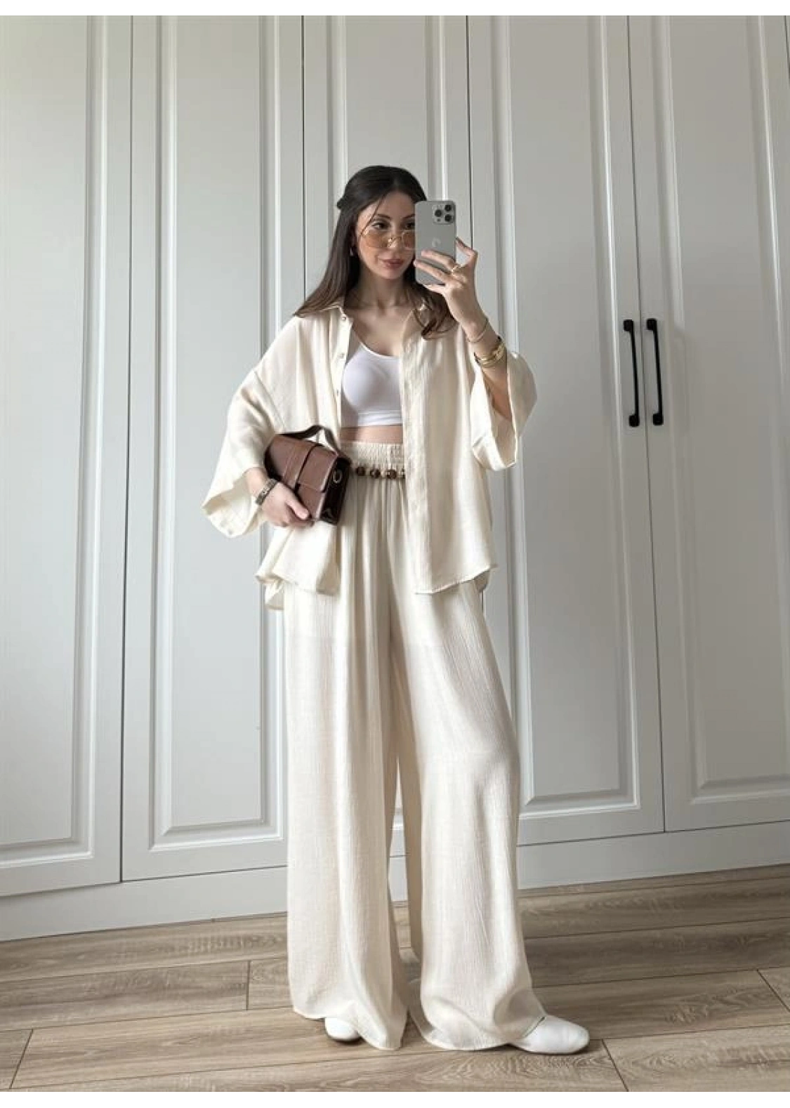 Bohem Kemerli Krinkıl Krem Oversize Takım