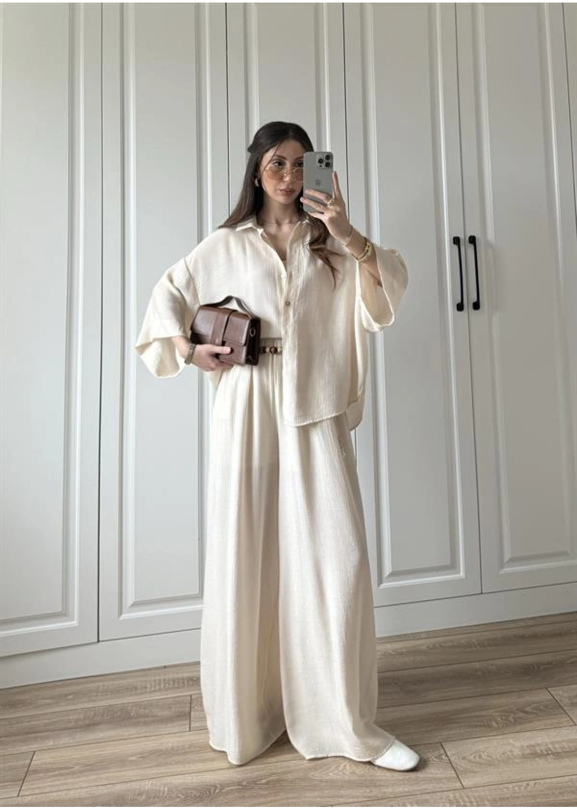 Bohem Kemerli Krinkıl Krem Oversize Takım
