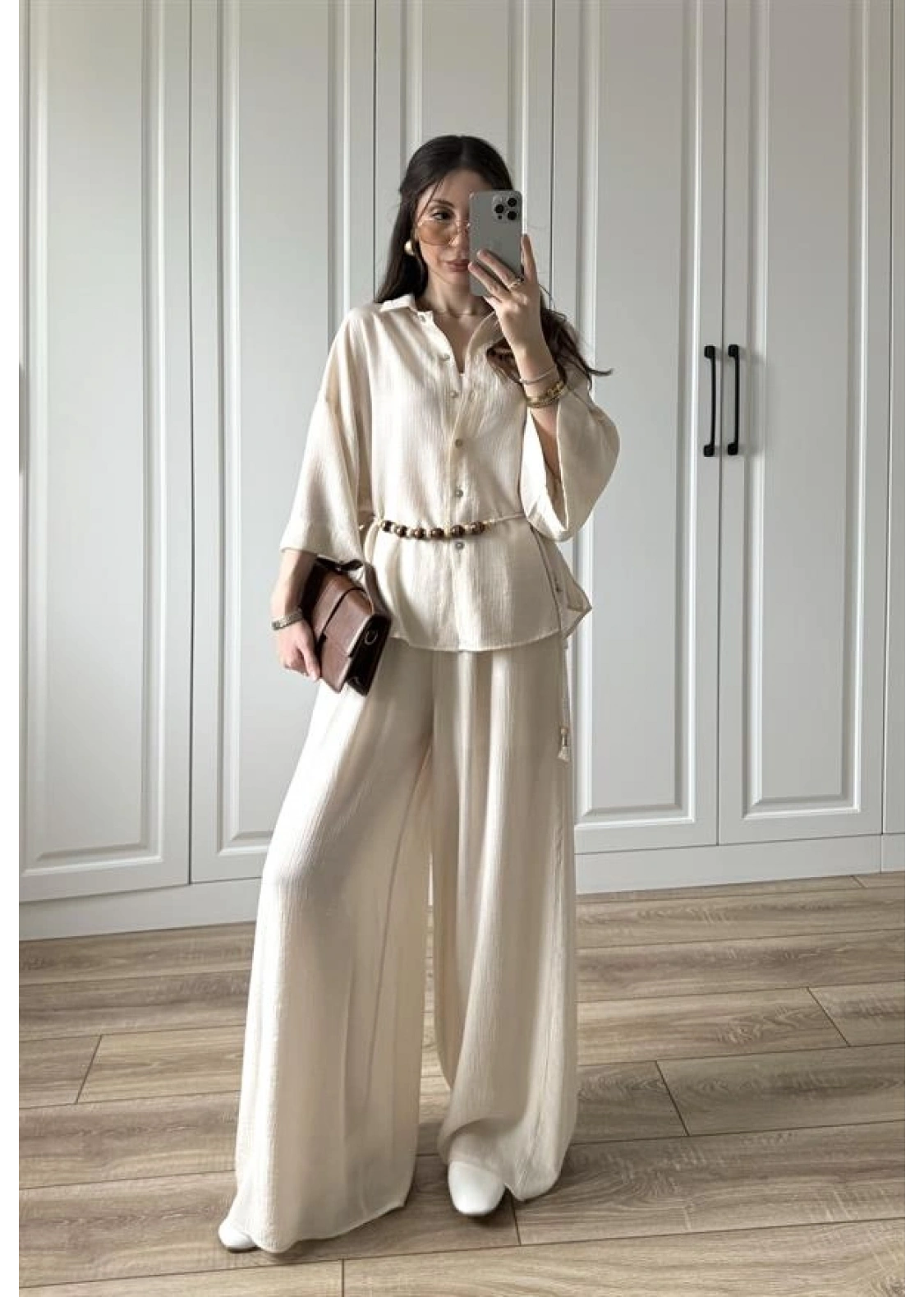 Bohem Kemerli Krinkıl Krem Oversize Takım