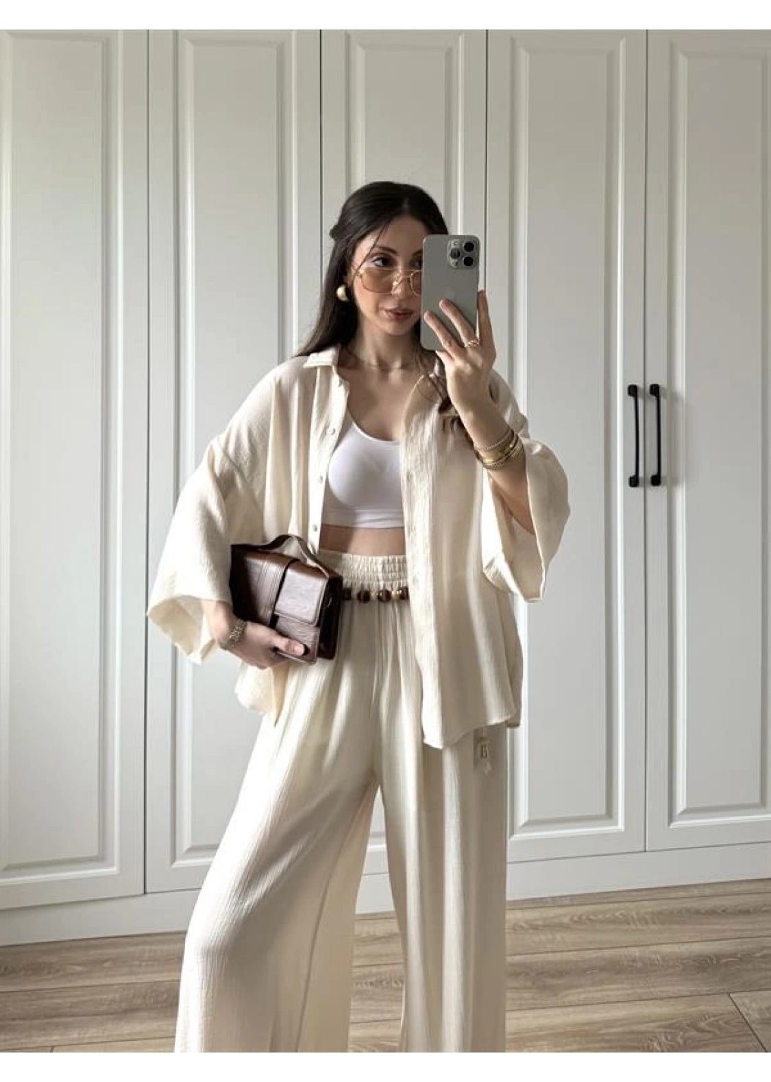 Bohem Kemerli Krinkıl Krem Oversize Takım