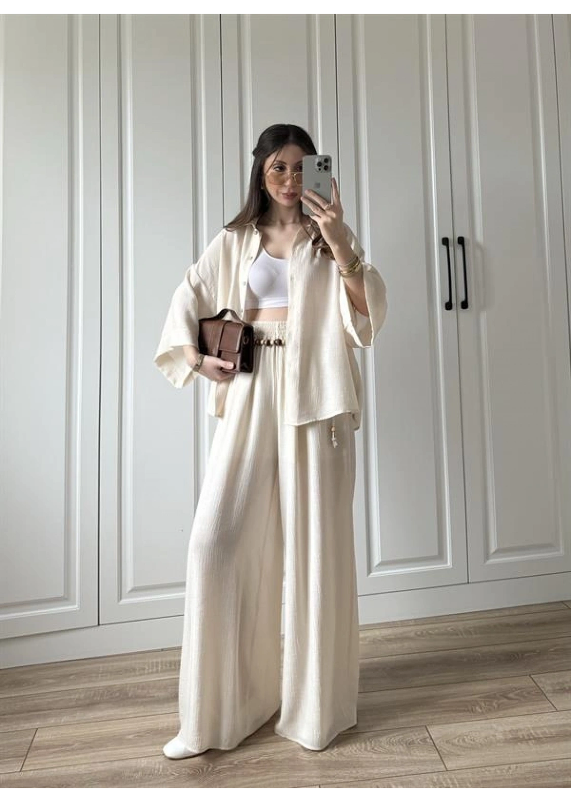 Bohem Kemerli Krinkıl Krem Oversize Takım