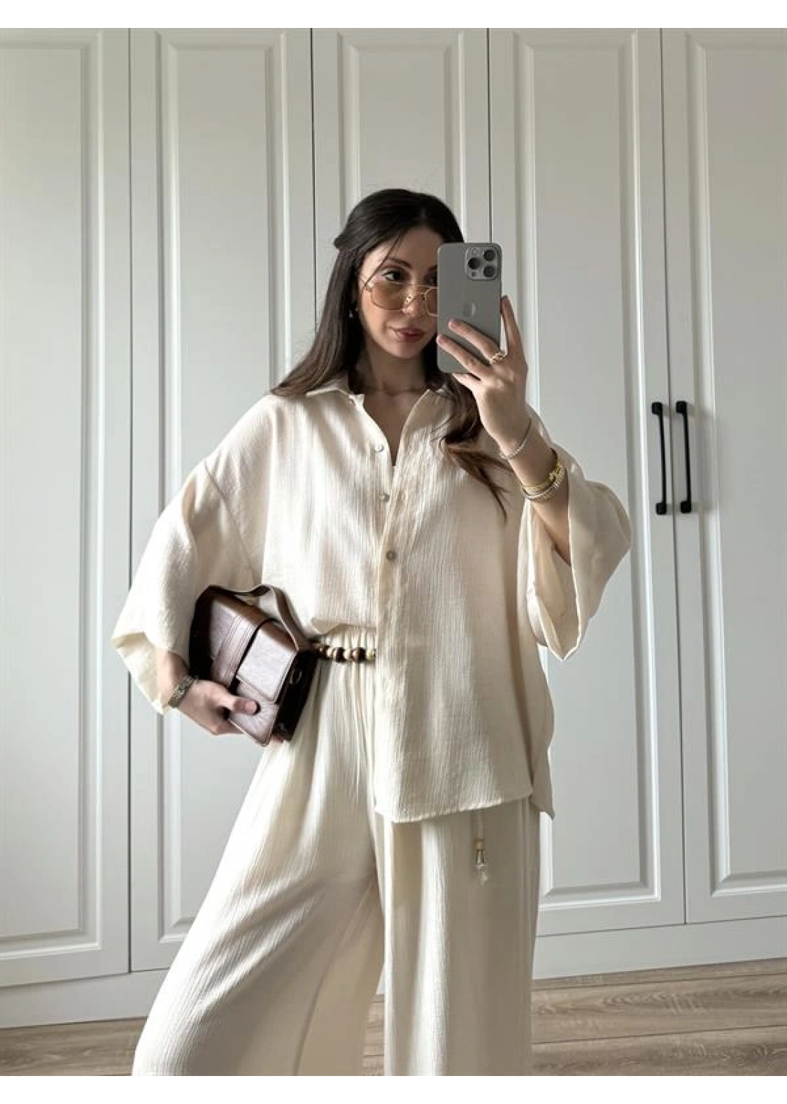 Bohem Kemerli Krinkıl Krem Oversize Takım