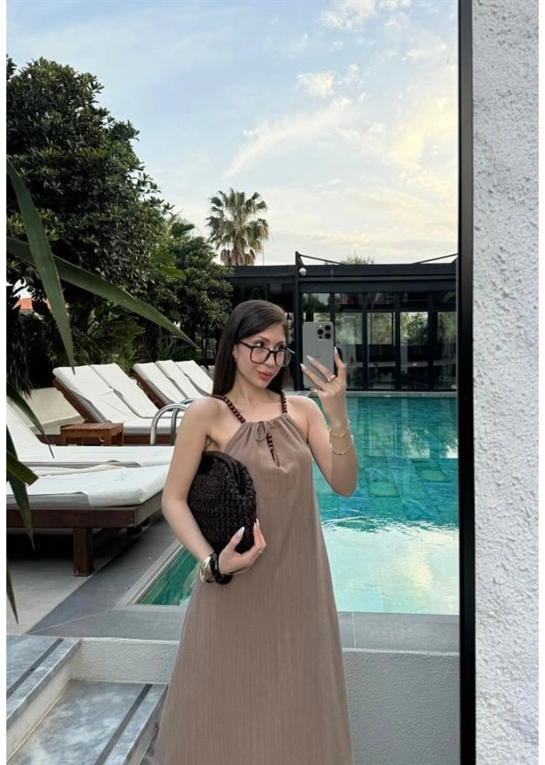 Boncuk Askılı Keten Vizon Uzun Elbise