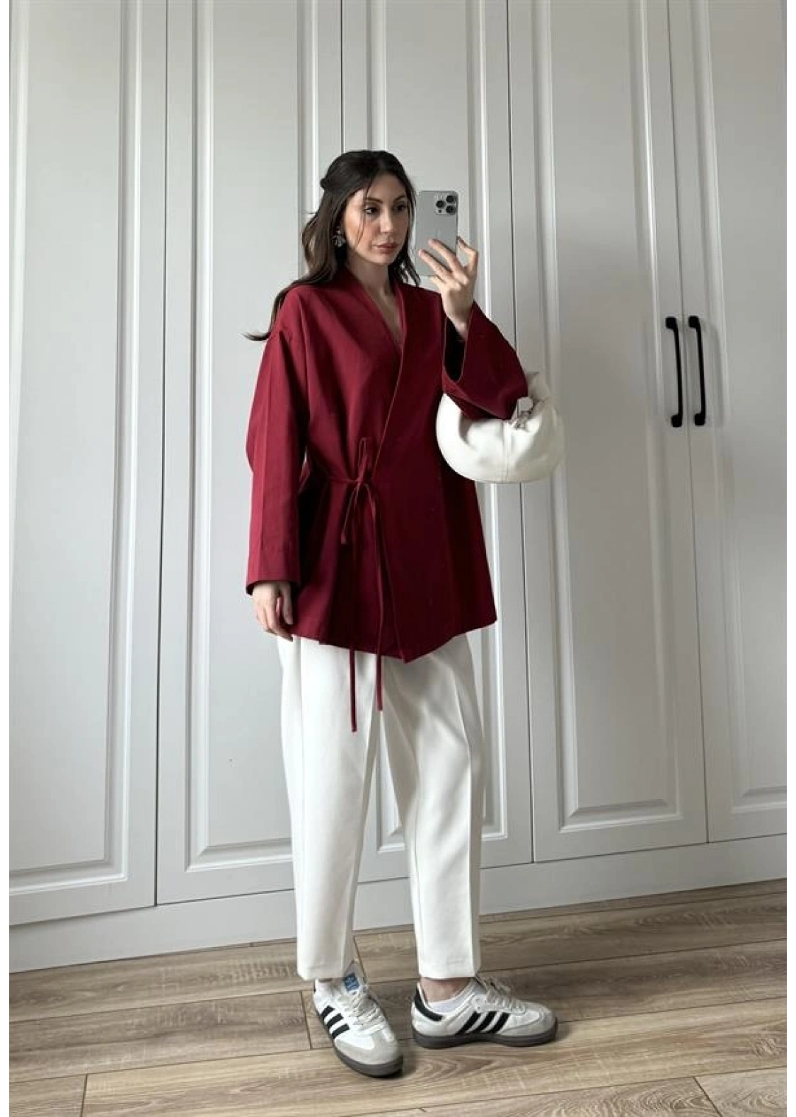 Bordo Yandan Bağlamalı Gabardin Kimono Ceket