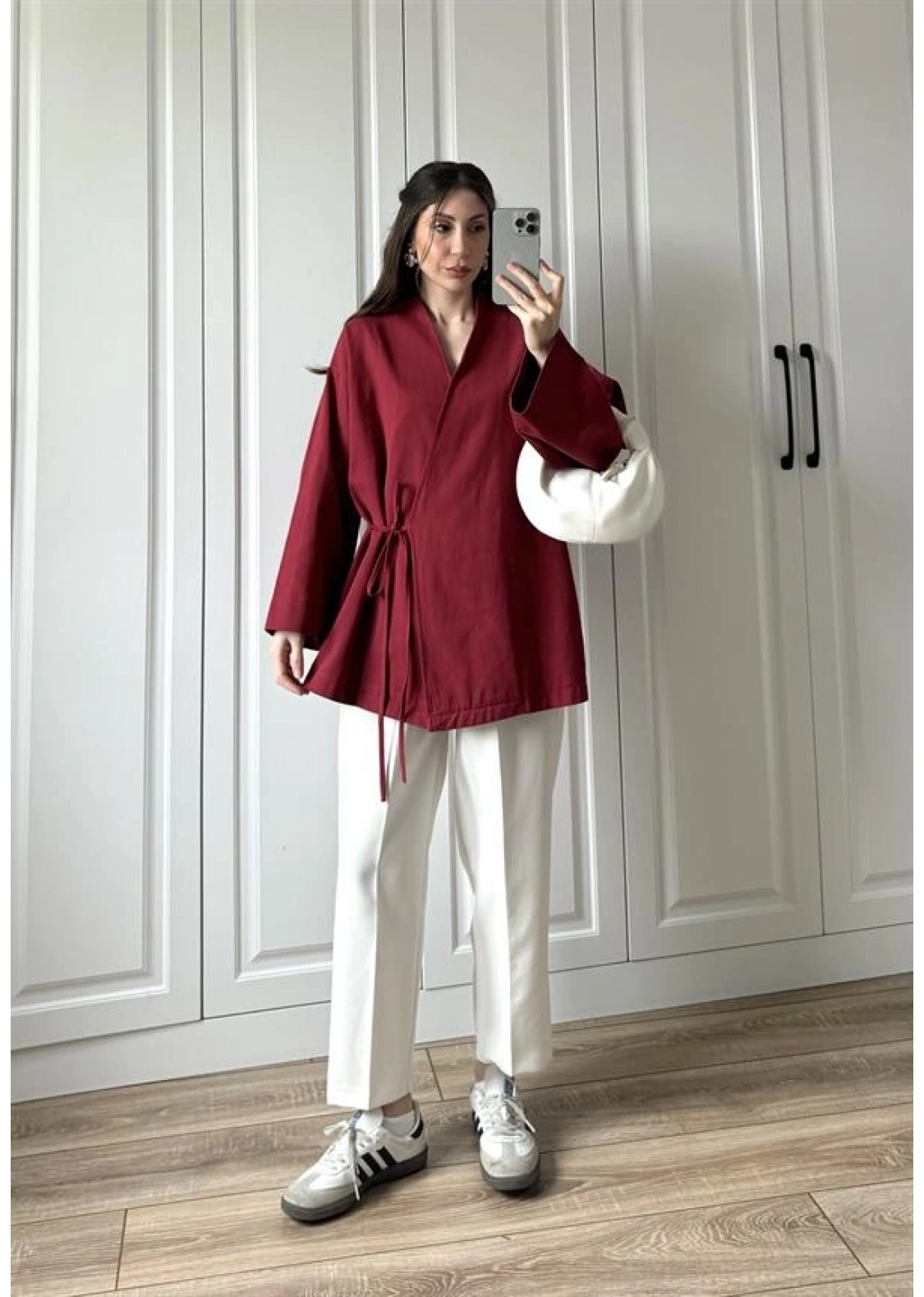 Bordo Yandan Bağlamalı Gabardin Kimono Ceket