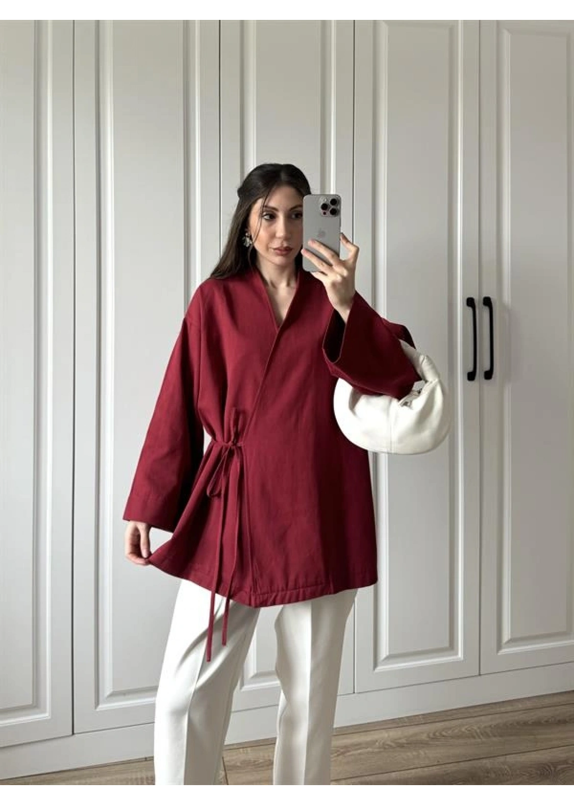 Bordo Yandan Bağlamalı Gabardin Kimono Ceket