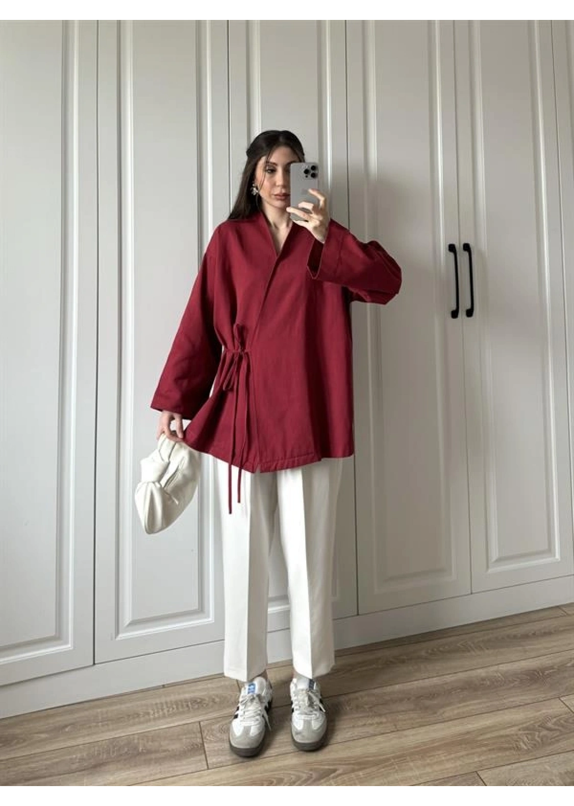 Bordo Yandan Bağlamalı Gabardin Kimono Ceket