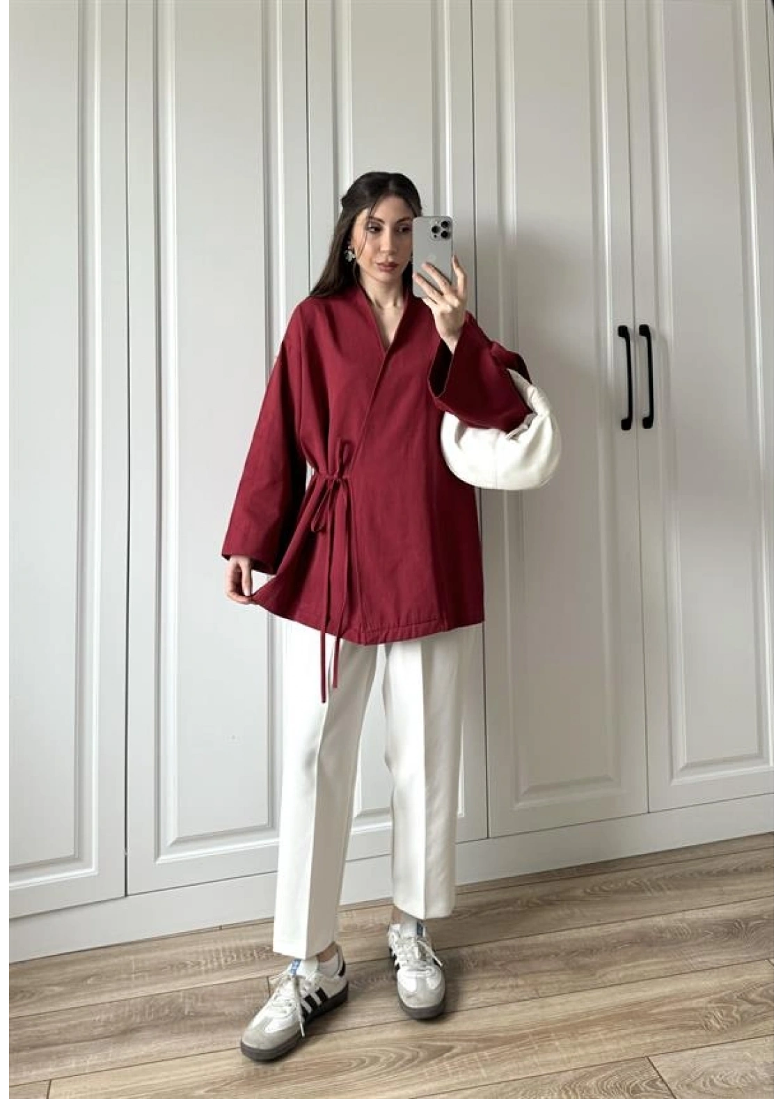 Bordo Yandan Bağlamalı Gabardin Kimono Ceket