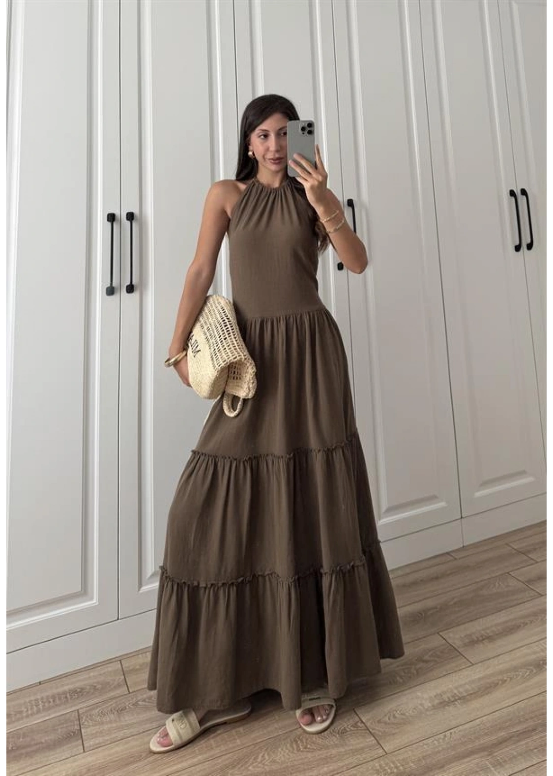 Boyundan Askılı Keten Premium Kilos Kahve Elbise