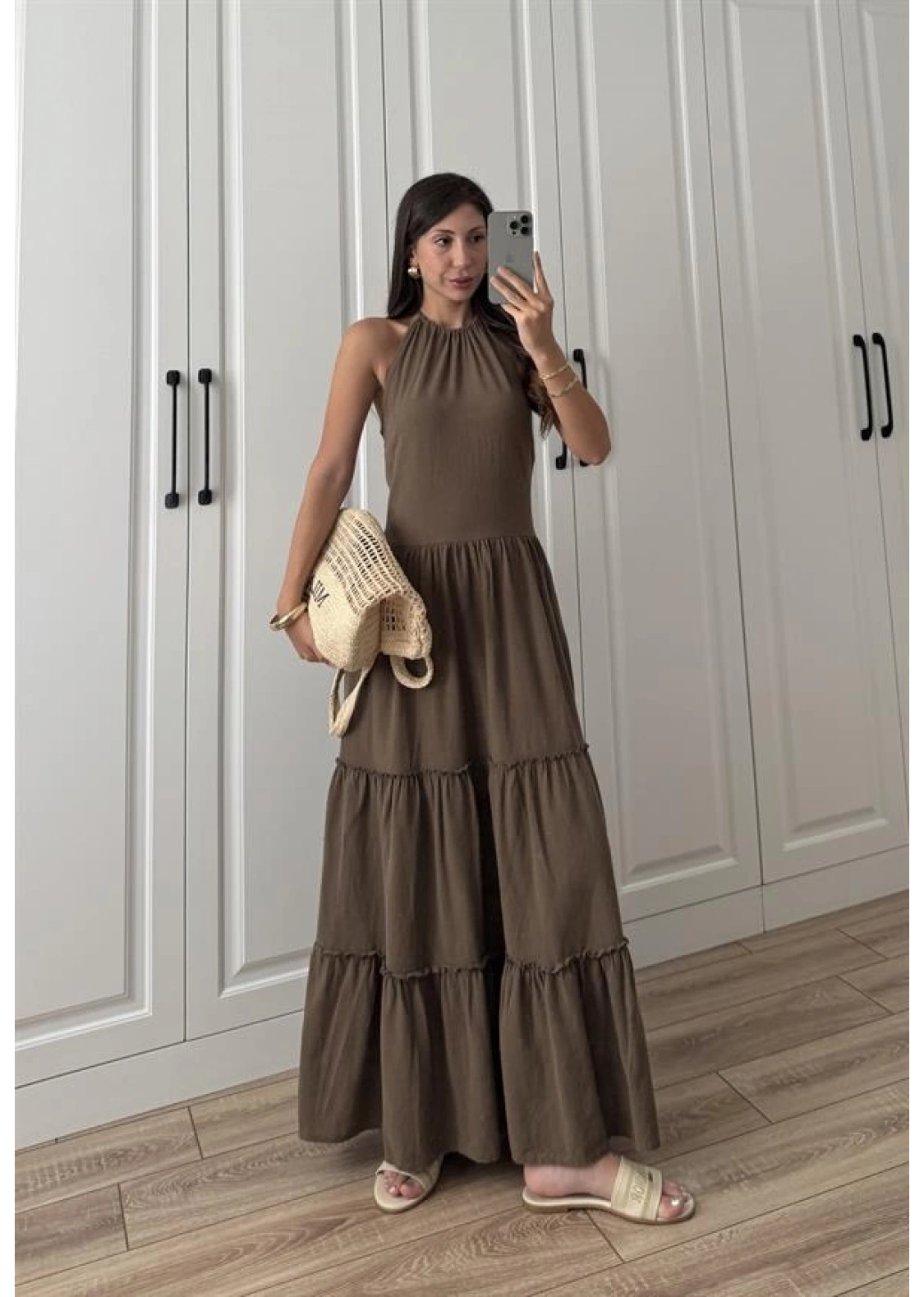 Boyundan Askılı Keten Premium Kilos Kahve Elbise