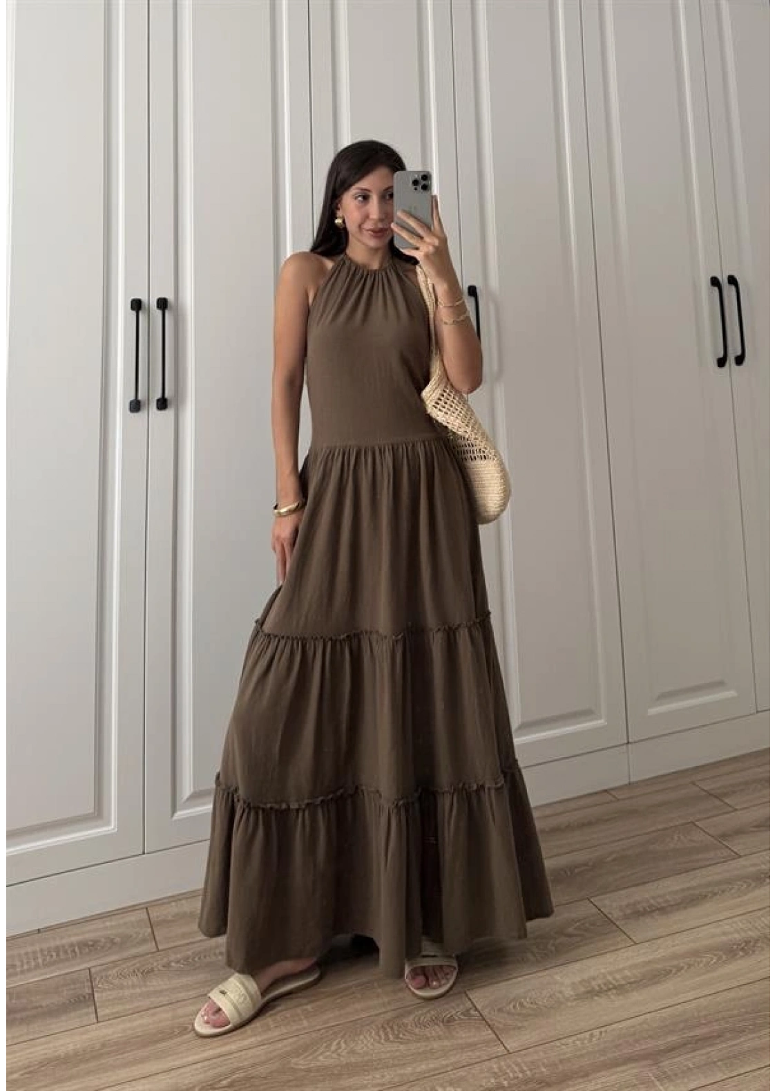 Boyundan Askılı Keten Premium Kilos Kahve Elbise