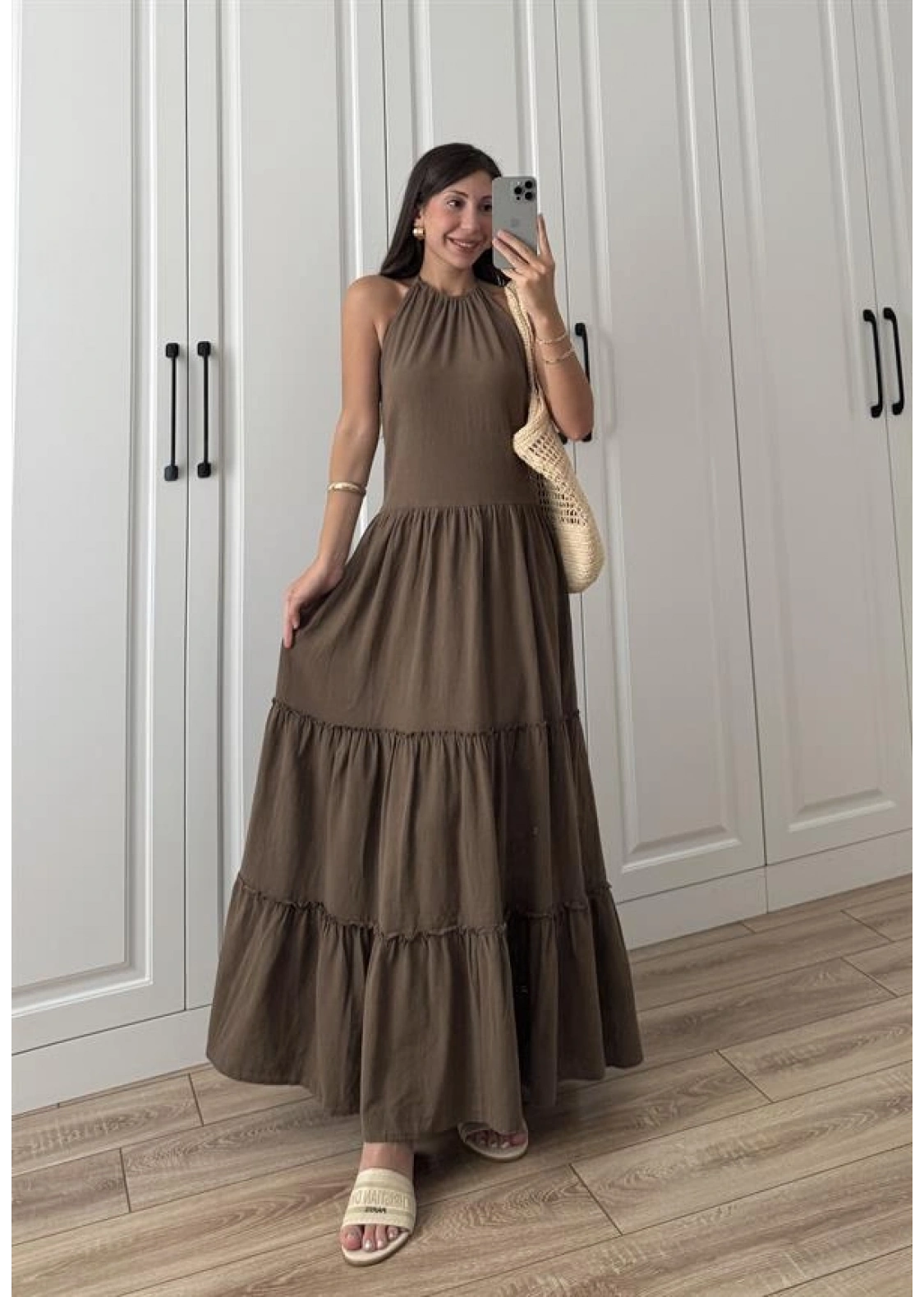 Boyundan Askılı Keten Premium Kilos Kahve Elbise
