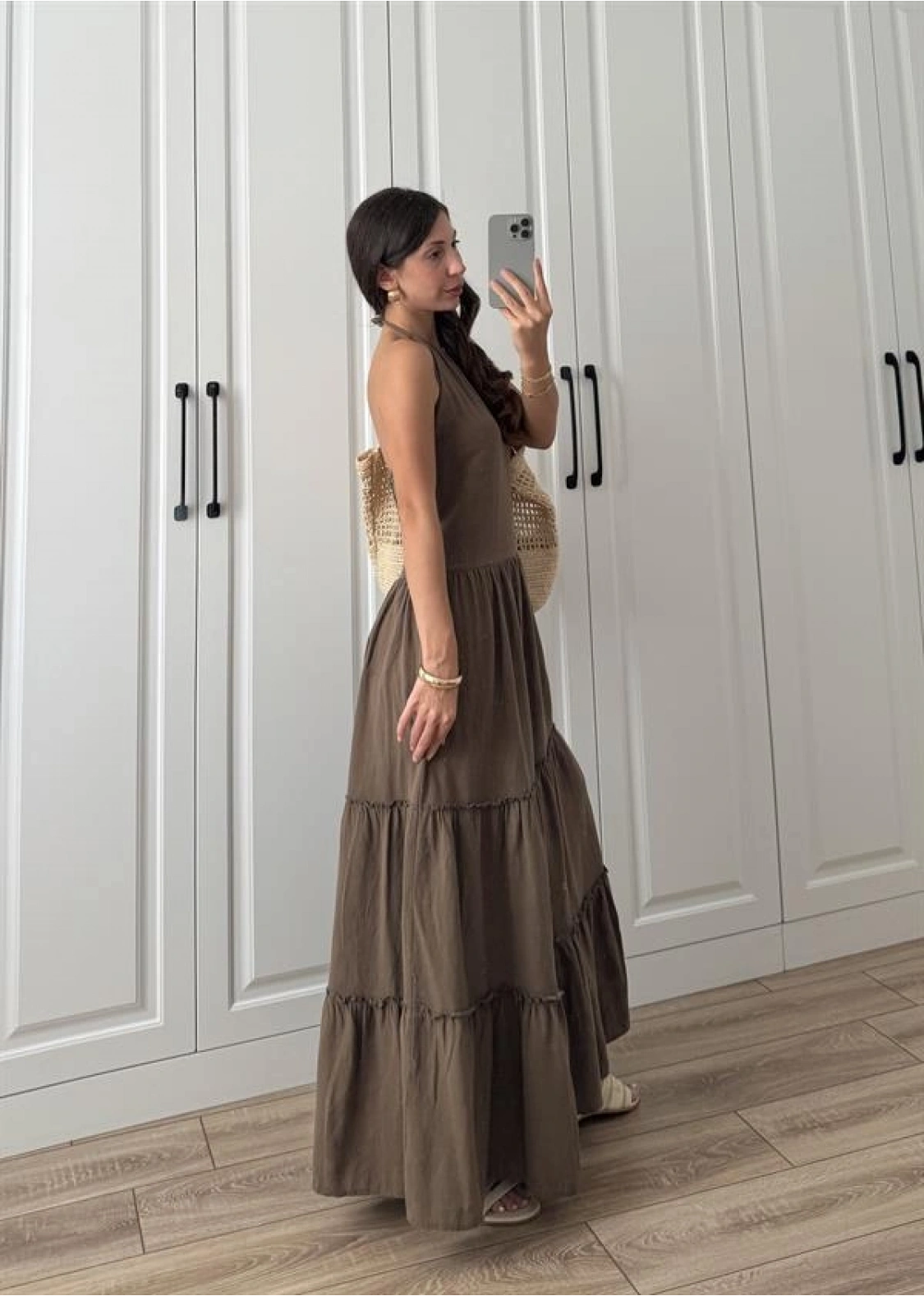 Boyundan Askılı Keten Premium Kilos Kahve Elbise
