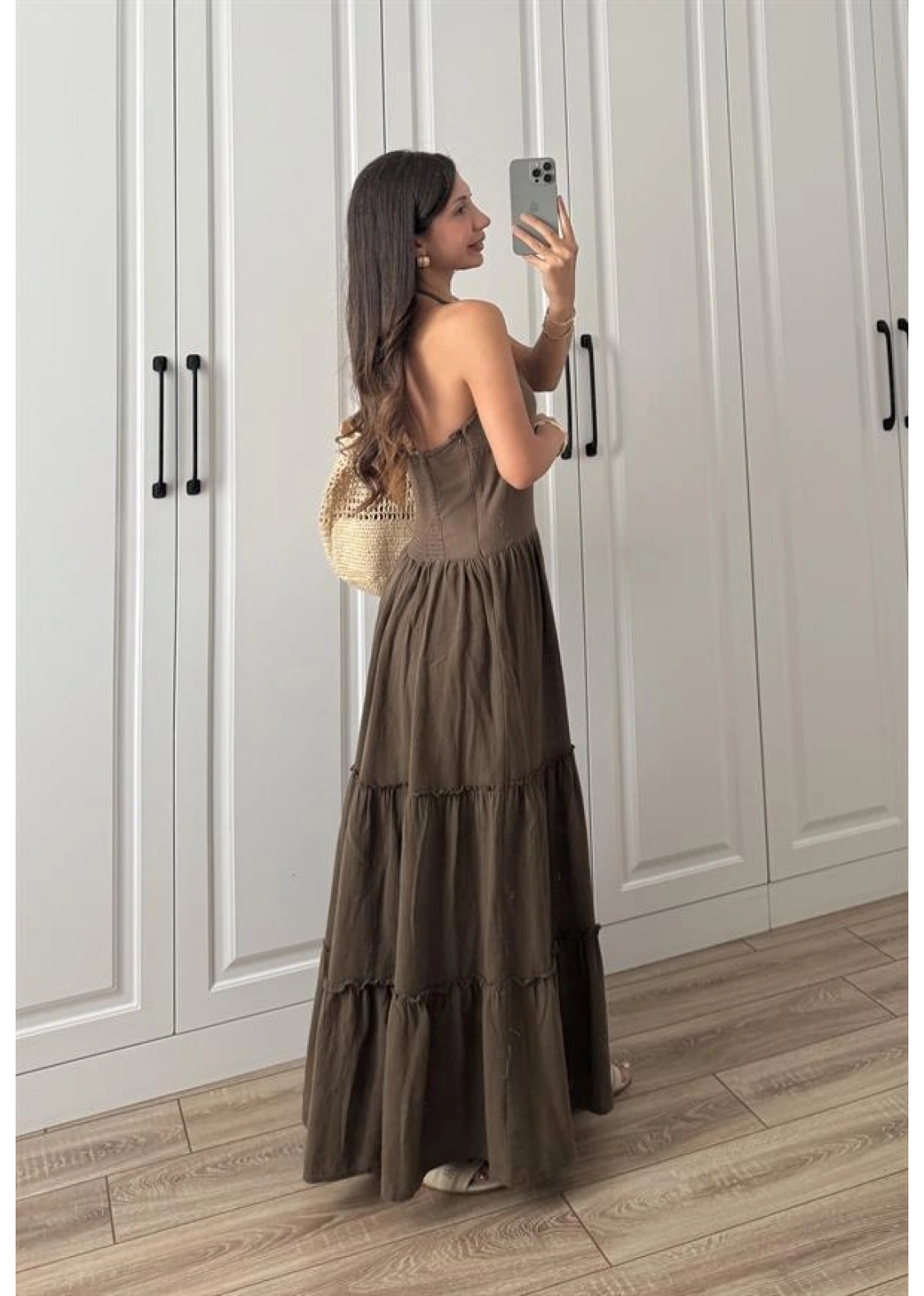 Boyundan Askılı Keten Premium Kilos Kahve Elbise