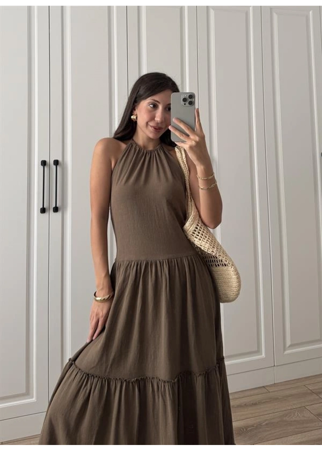 Boyundan Askılı Keten Premium Kilos Kahve Elbise