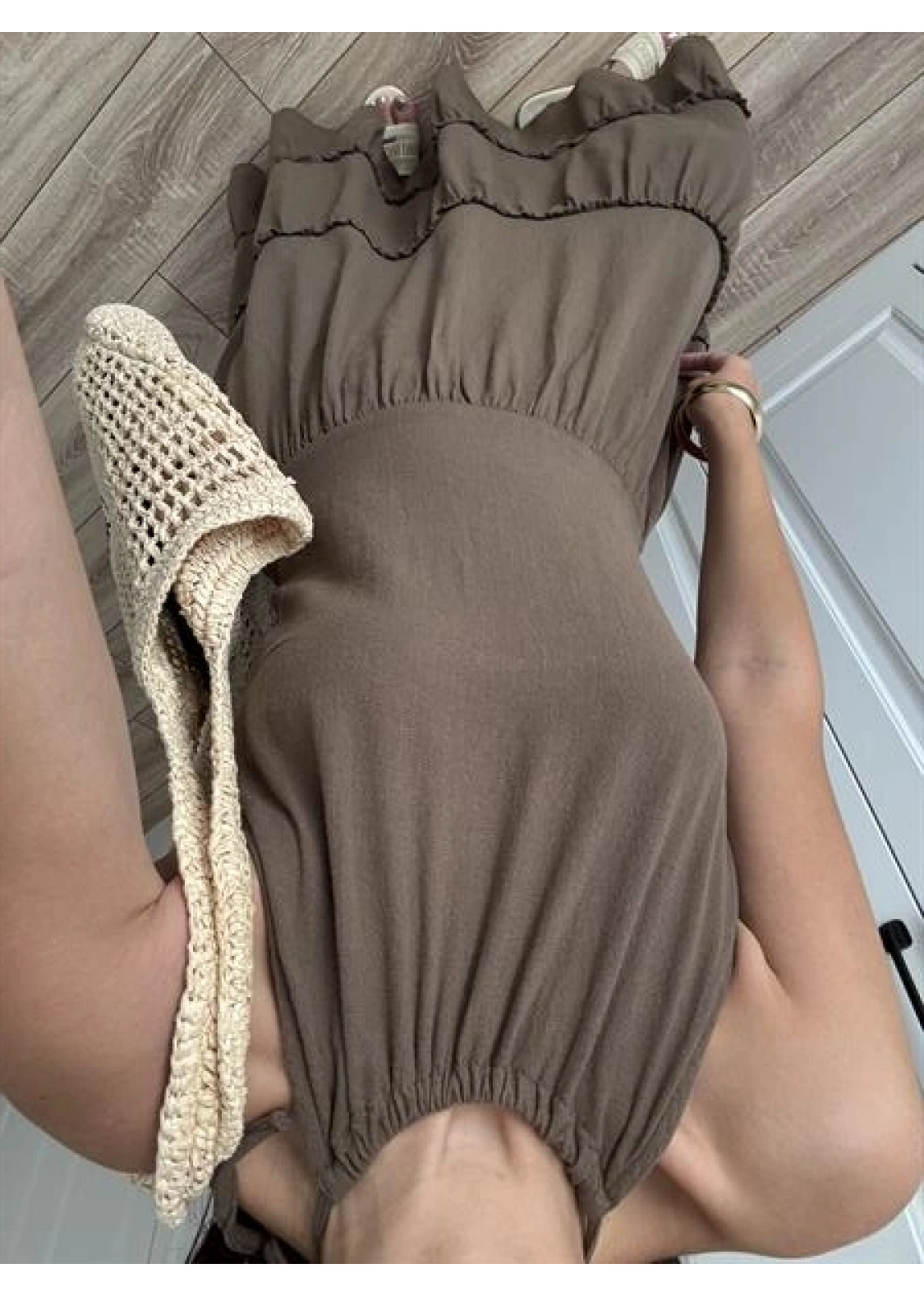 Boyundan Askılı Keten Premium Kilos Kahve Elbise