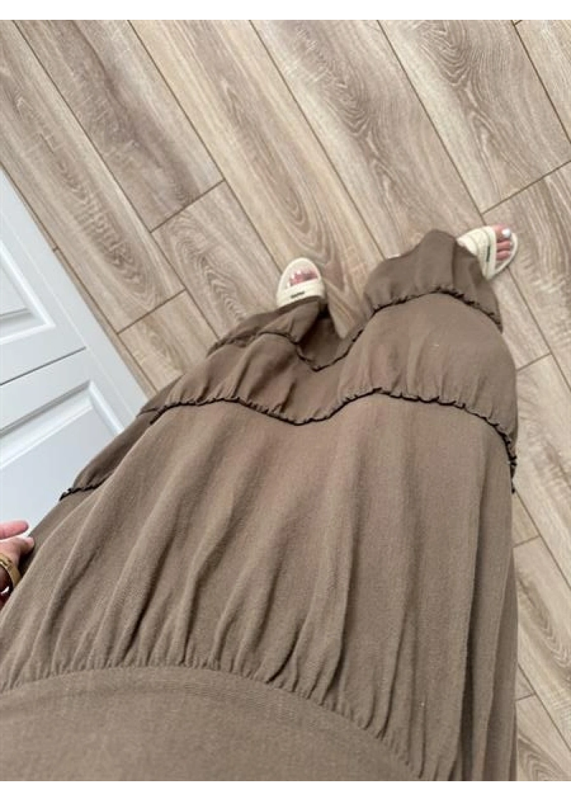 Boyundan Askılı Keten Premium Kilos Kahve Elbise