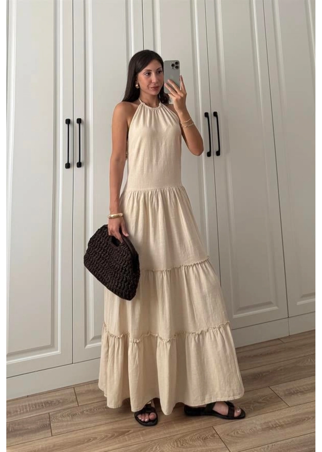 Boyundan Askılı Keten Premium Kilos Taş Elbise