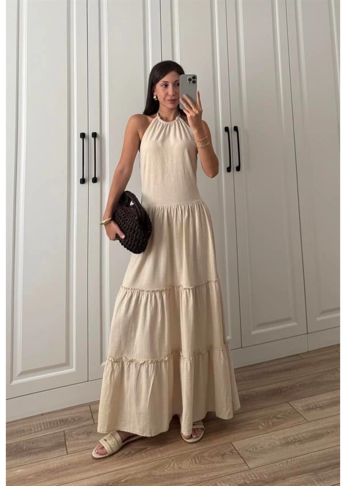 Boyundan Askılı Keten Premium Kilos Taş Elbise