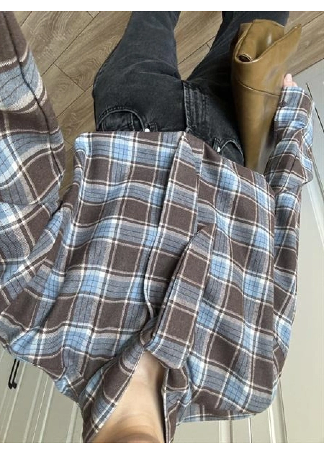 Boyundan Bağlamalı Tasarım Ekose Mavi Gömlek