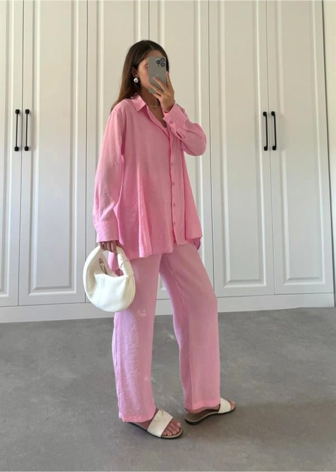 Buruş Kumaş Pile Detaylı Pembe Gömlek Takım