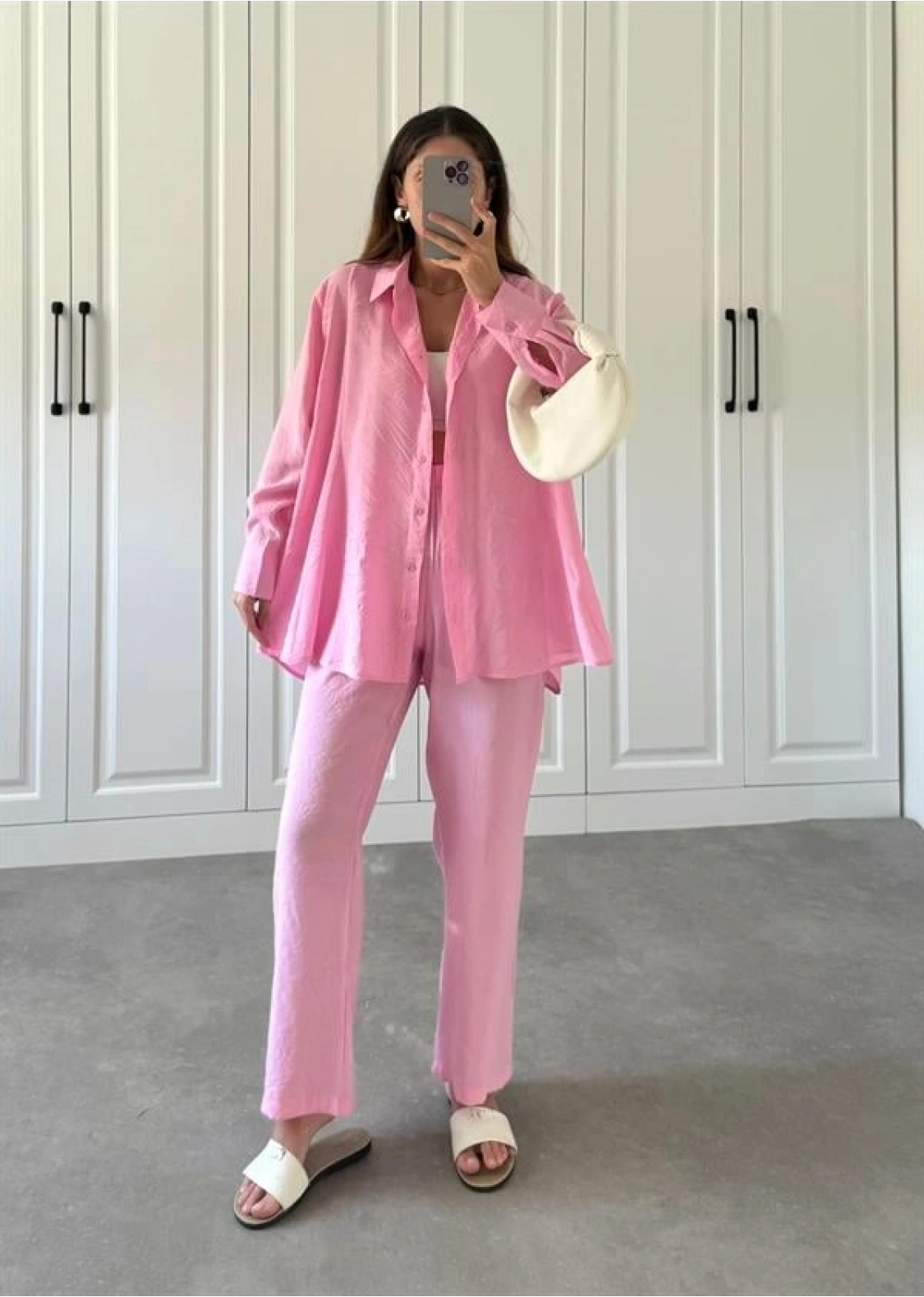 Buruş Kumaş Pile Detaylı Pembe Gömlek Takım