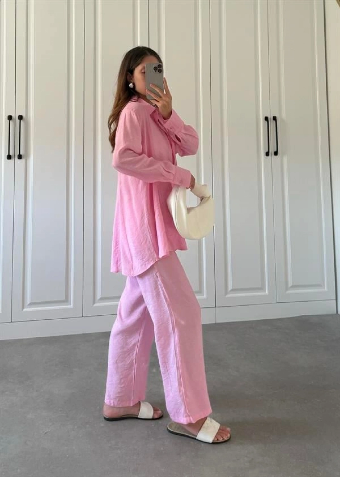 Buruş Kumaş Pile Detaylı Pembe Gömlek Takım