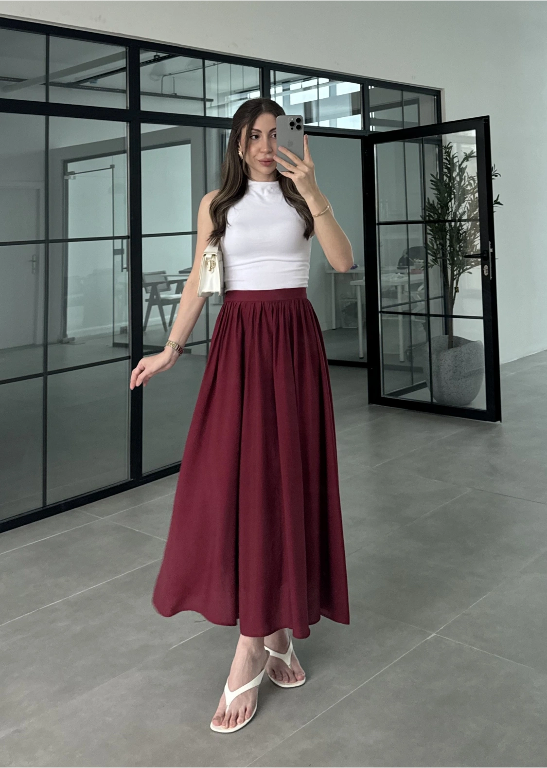 Büzgülü Astarlı Tensel Bordo Etek