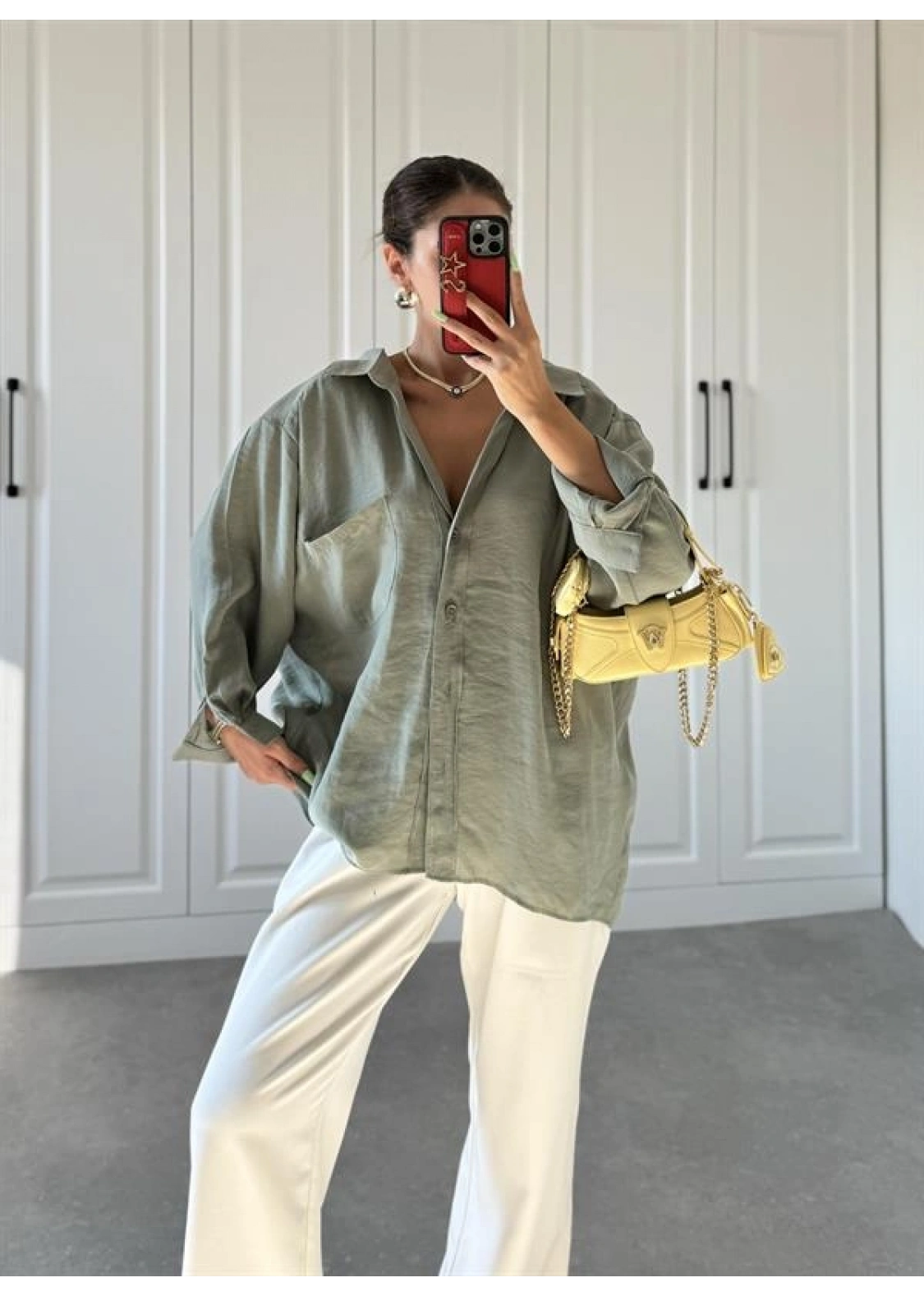 Çağla Yeşili Oversize Tensel Gömlek