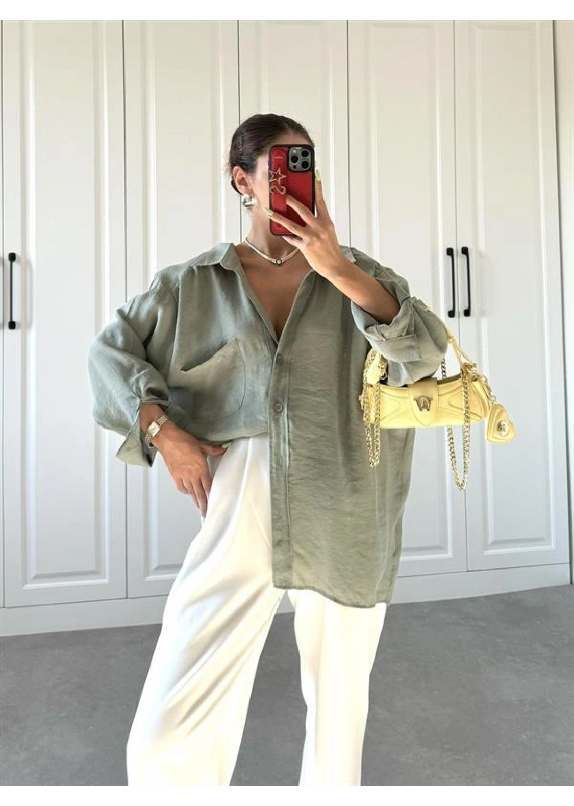 Çağla Yeşili Oversize Tensel Gömlek