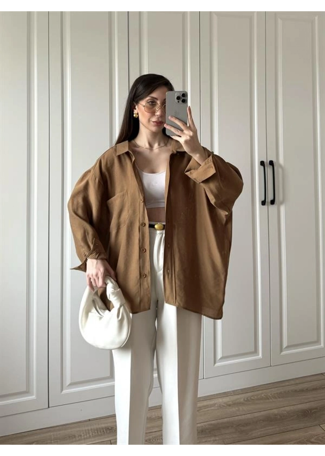 Camel Oversize Tensel Gömlek