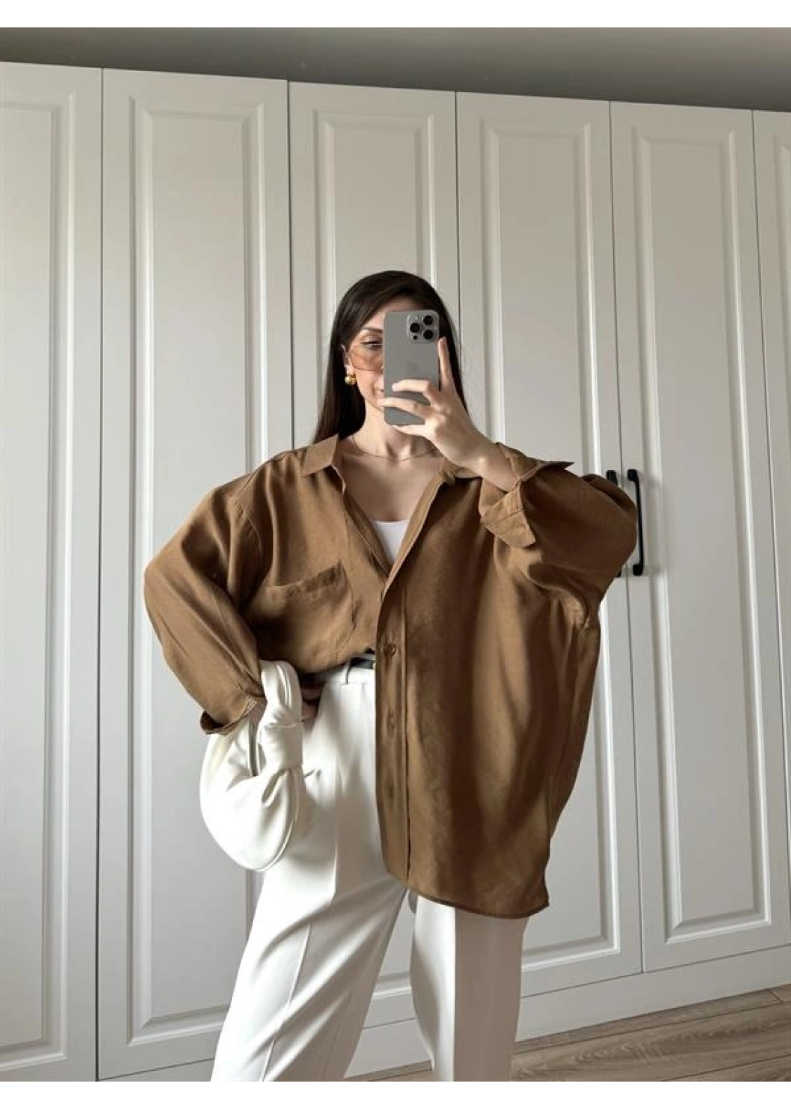 Camel Oversize Tensel Gömlek