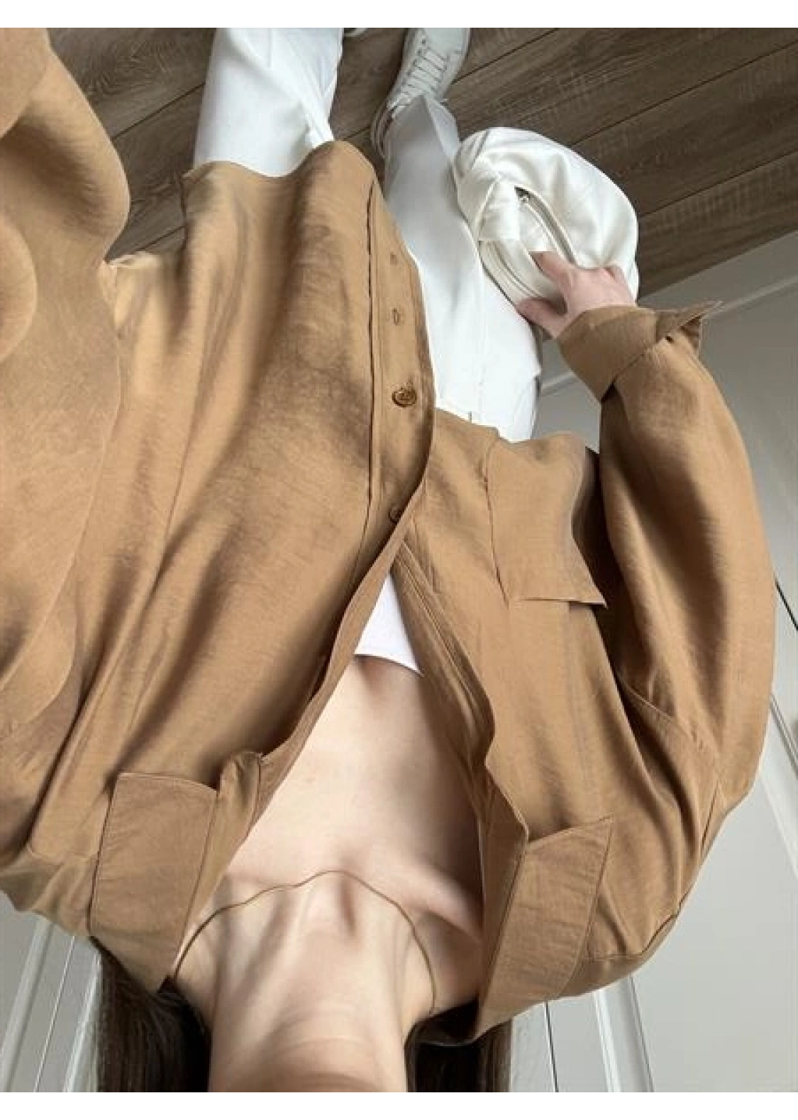 Camel Oversize Tensel Gömlek