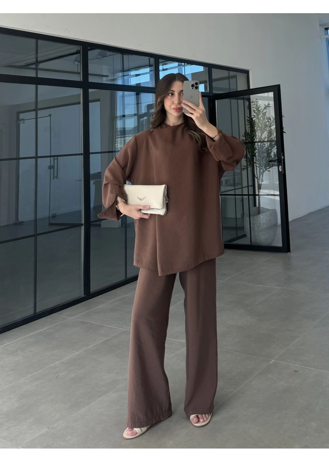Çapraz Düğme Detaylı Kahve Tensel Takım