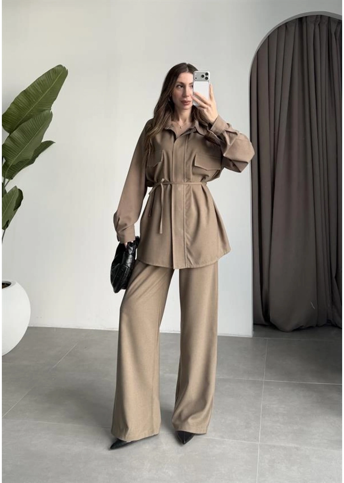 Cepli Premium Kuşaklı Haki Gömlek Takım