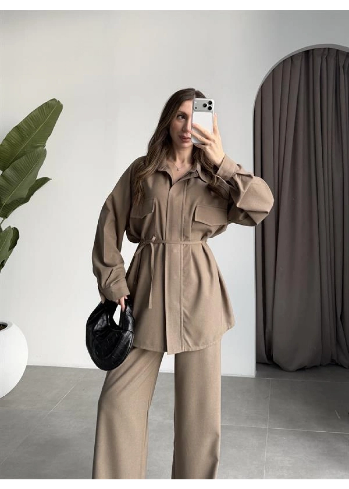 Cepli Premium Kuşaklı Haki Gömlek Takım