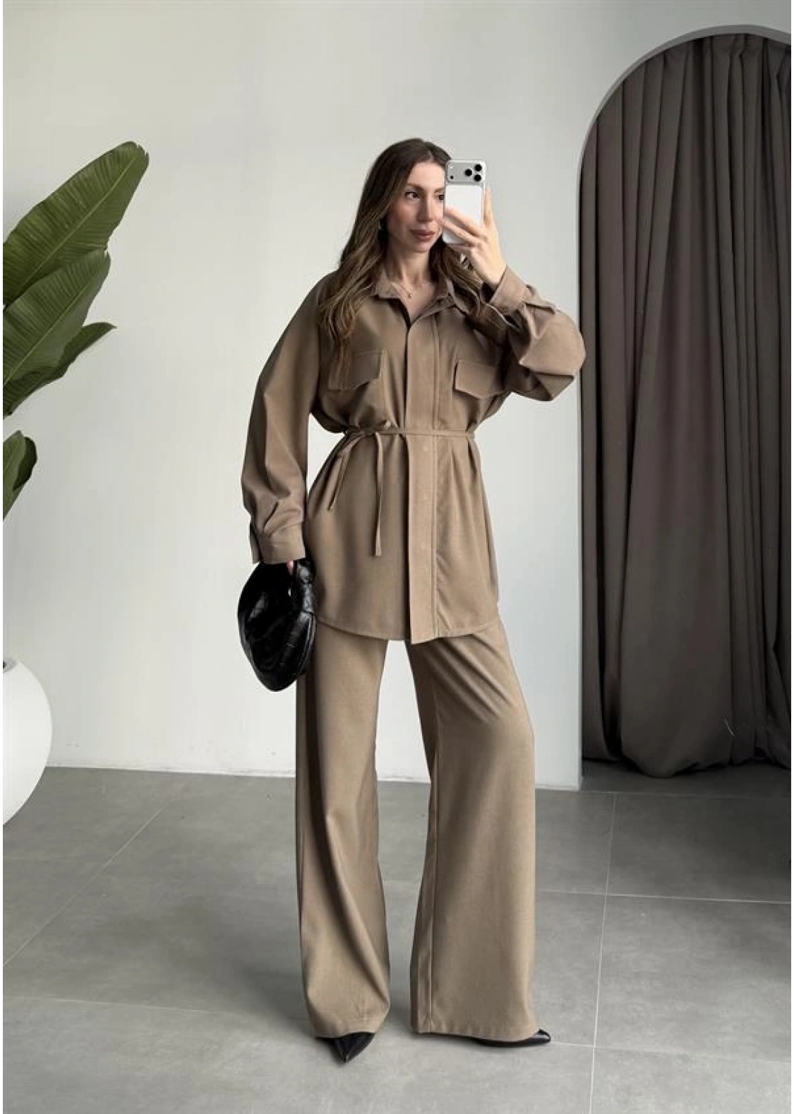 Cepli Premium Kuşaklı Haki Gömlek Takım