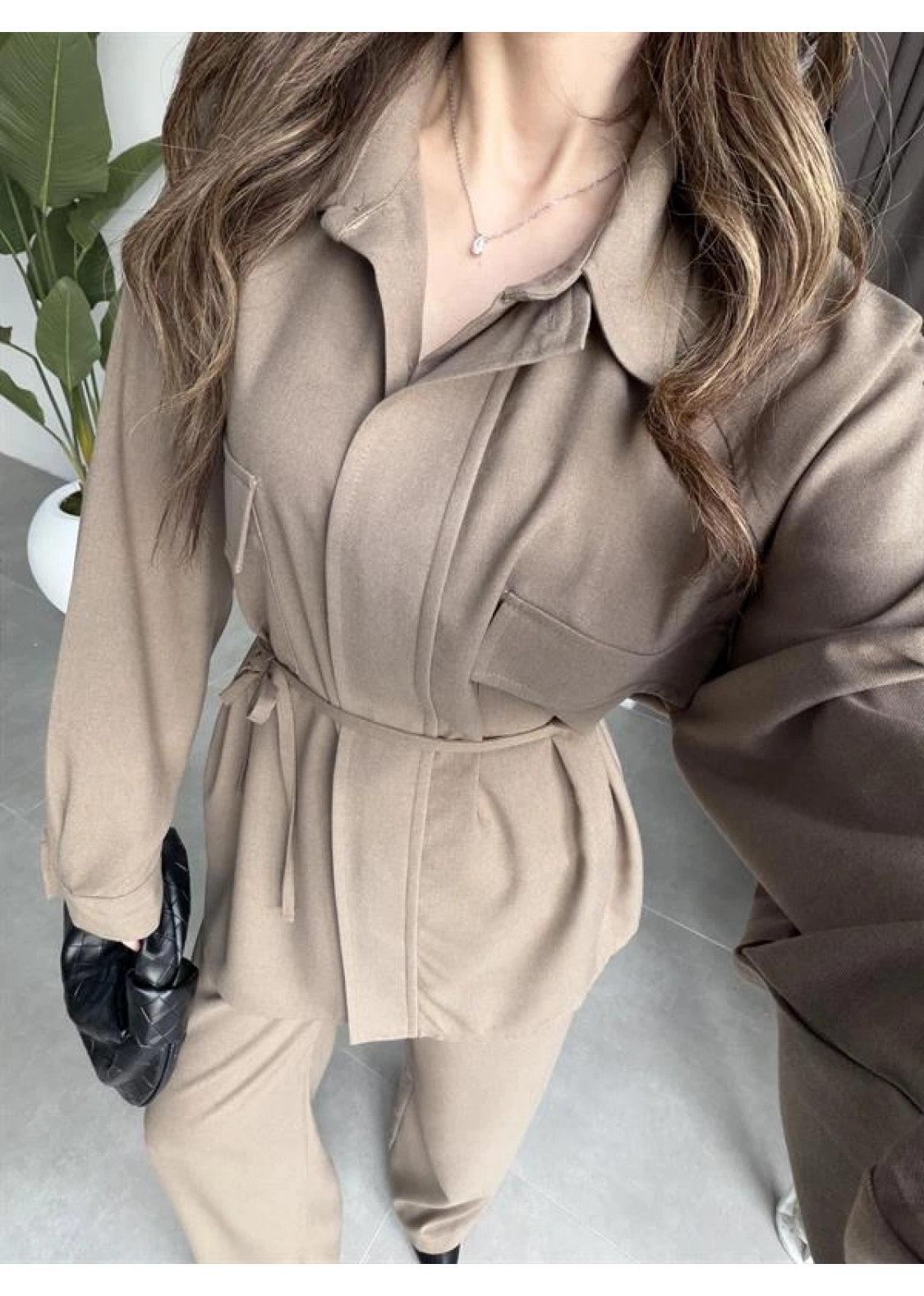 Cepli Premium Kuşaklı Haki Gömlek Takım