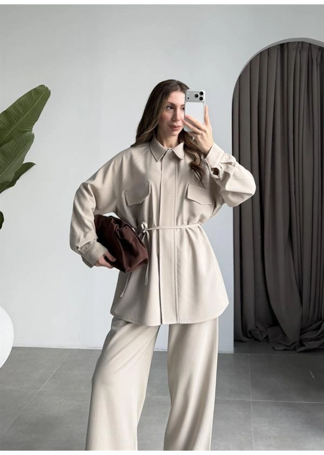 Cepli Premium Kuşaklı Taş Gömlek Takım