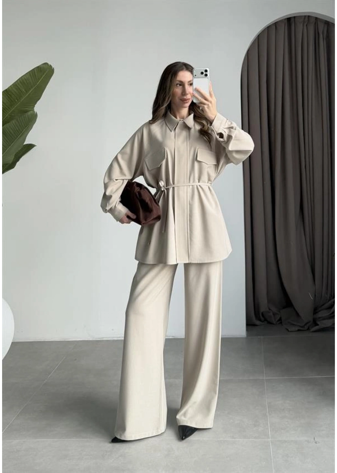 Cepli Premium Kuşaklı Taş Gömlek Takım