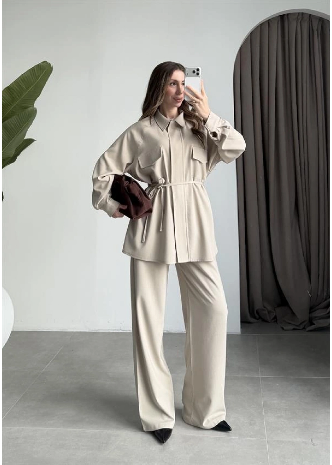 Cepli Premium Kuşaklı Taş Gömlek Takım