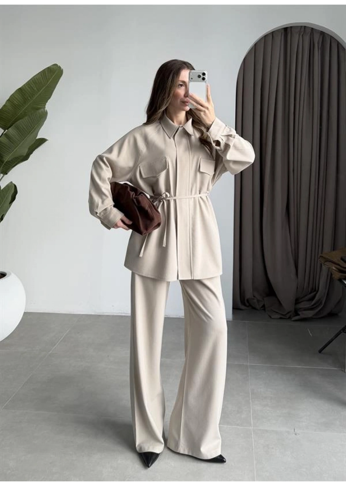 Cepli Premium Kuşaklı Taş Gömlek Takım