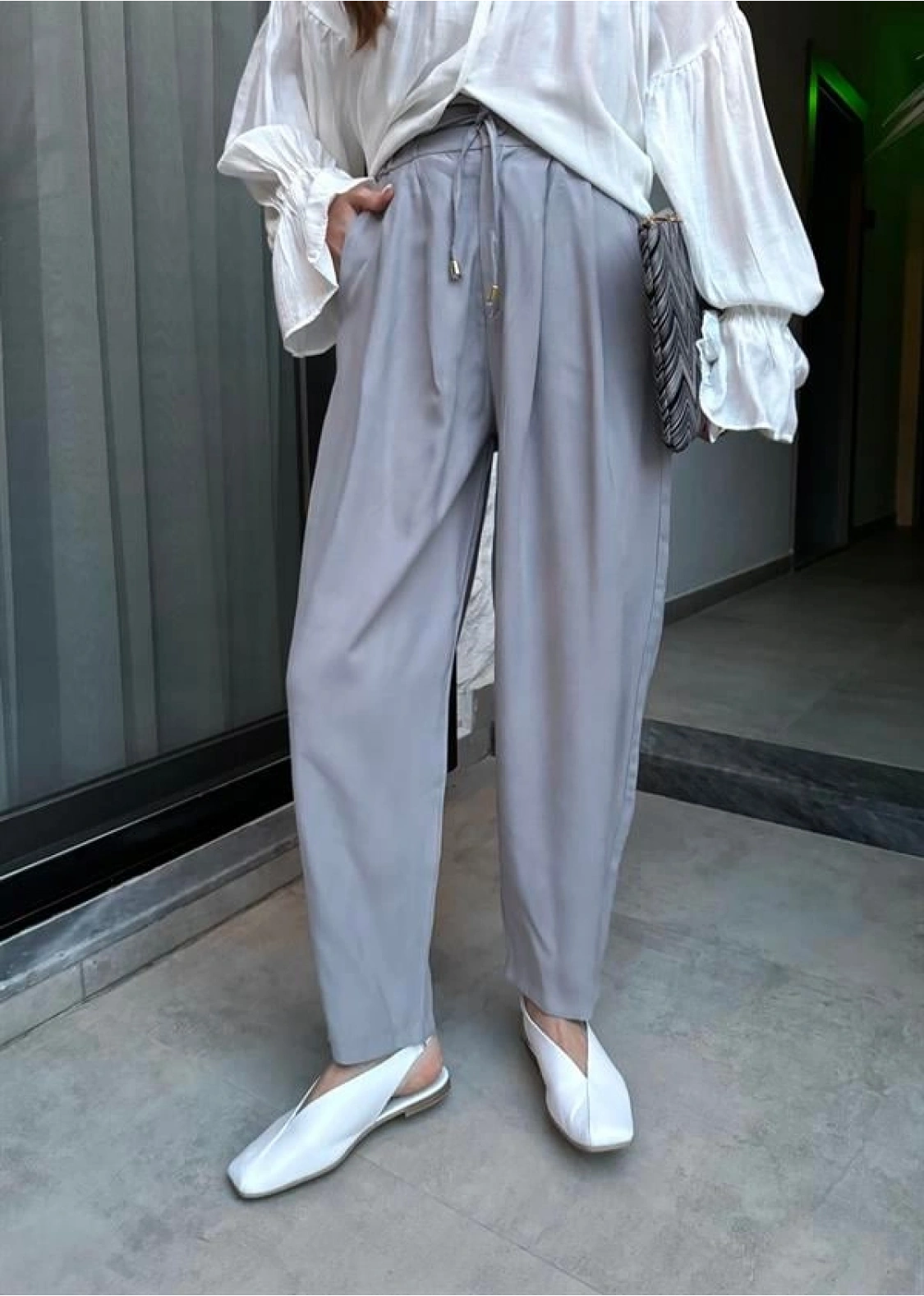 Çift Pensli Basic Tensel Gri Pantolon