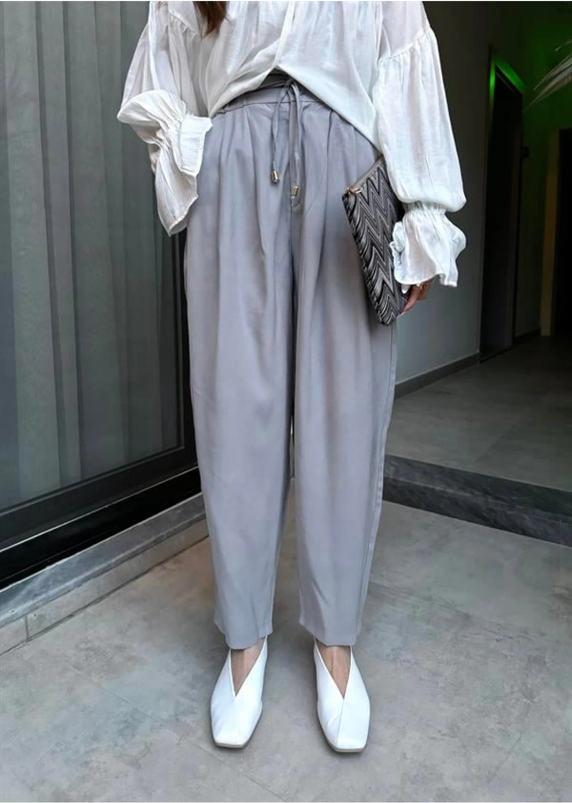 Çift Pensli Basic Tensel Gri Pantolon