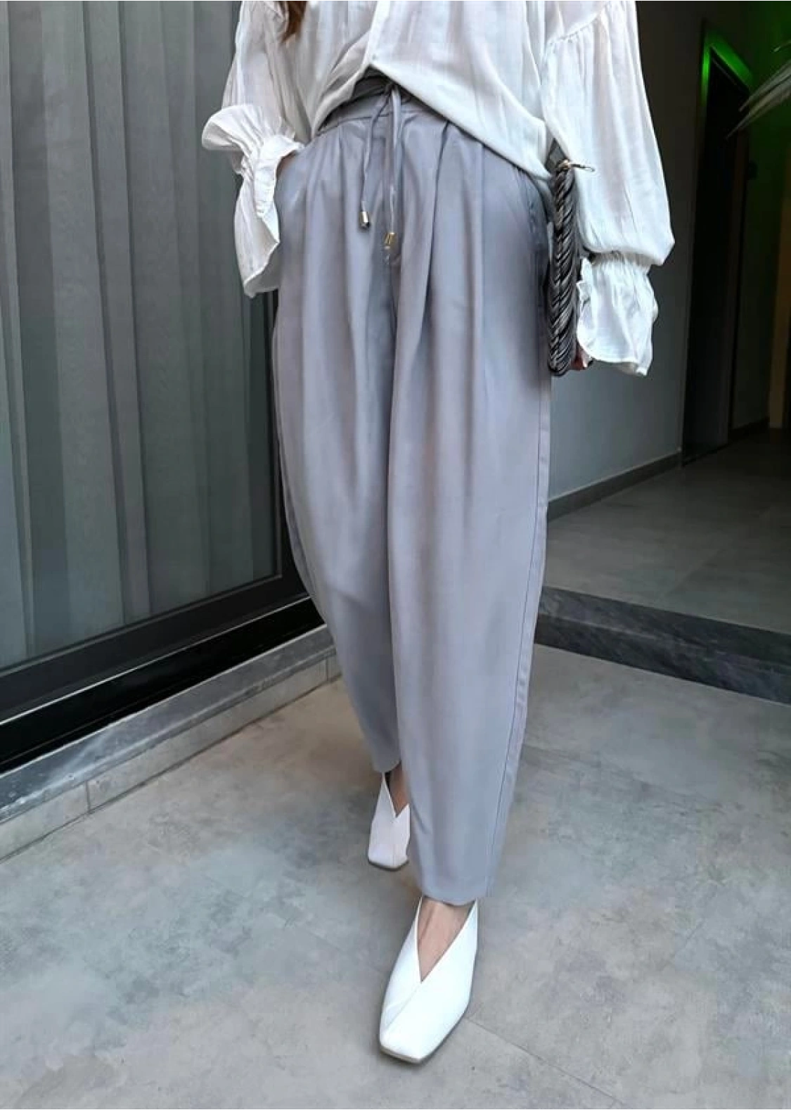 Çift Pensli Basic Tensel Gri Pantolon