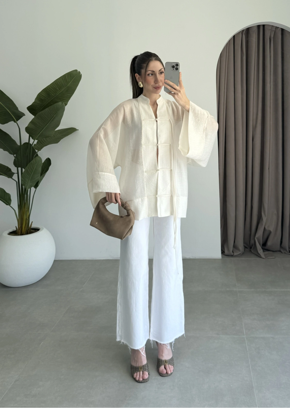 Çin Düğmeli Ekru Gömlek Kimono