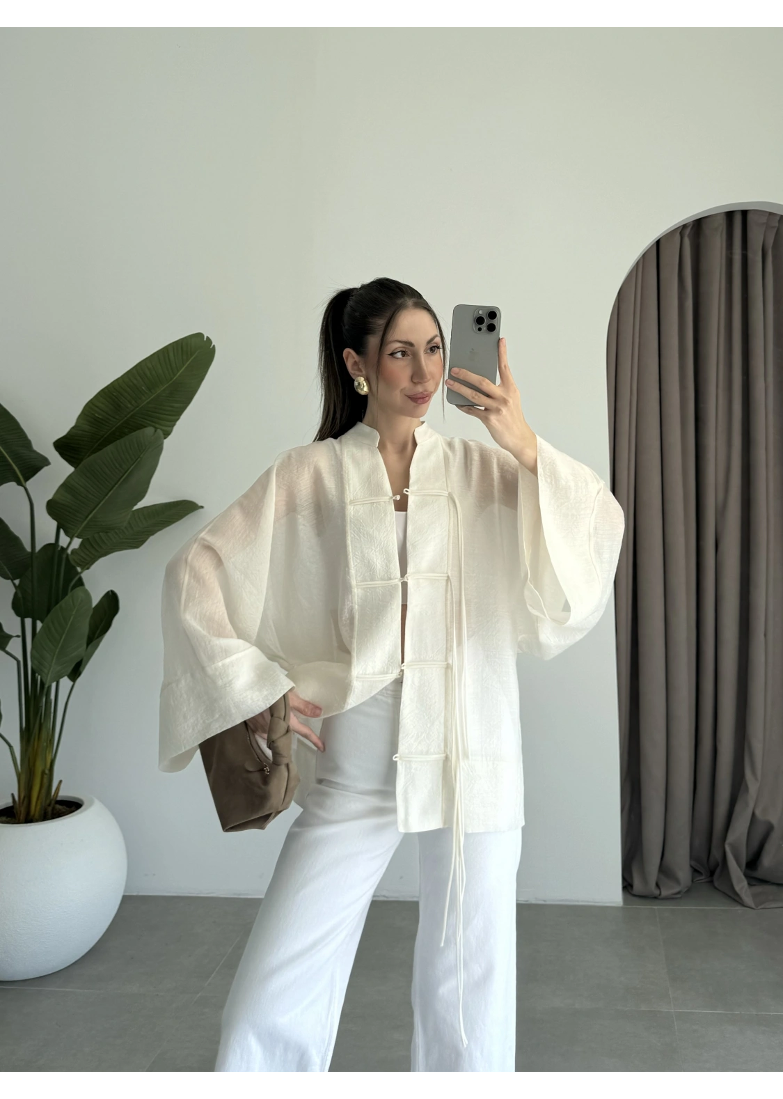 Çin Düğmeli Ekru Gömlek Kimono